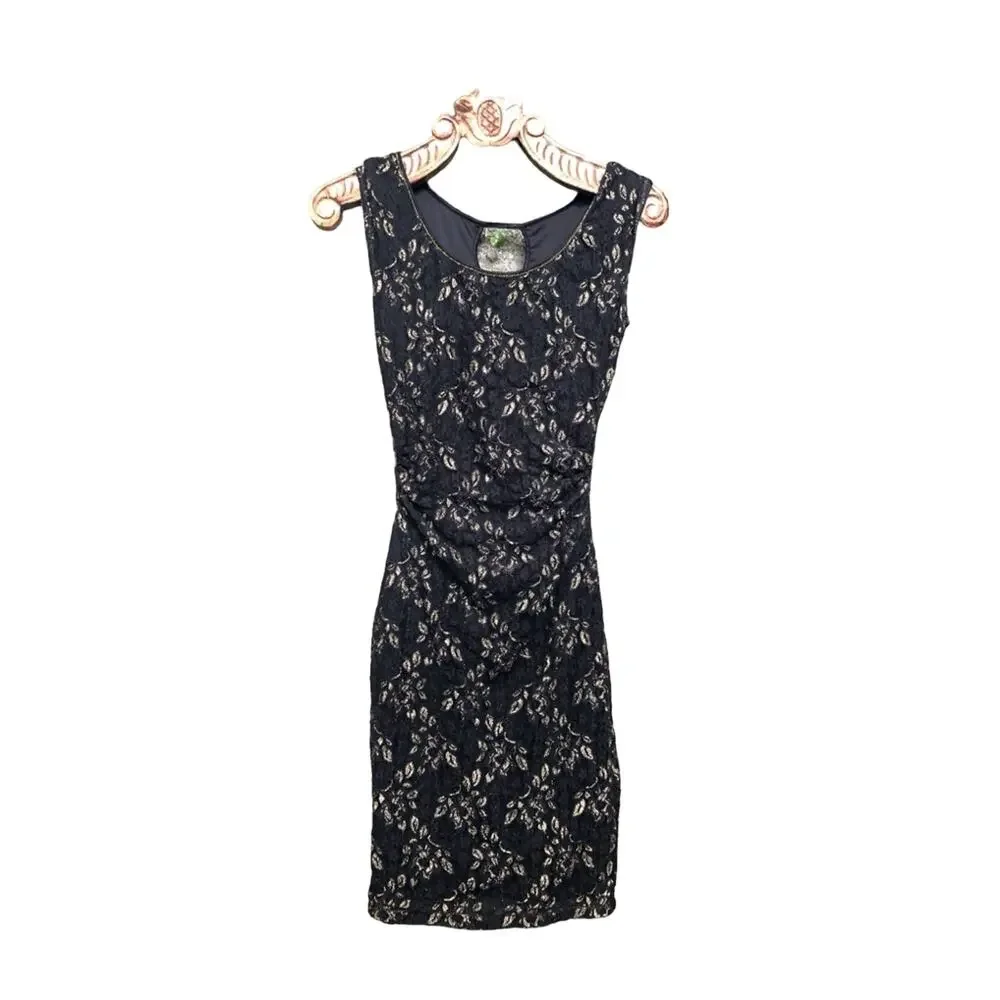 Max Studio Lace Bodycon Midi Ruching Black Gold S